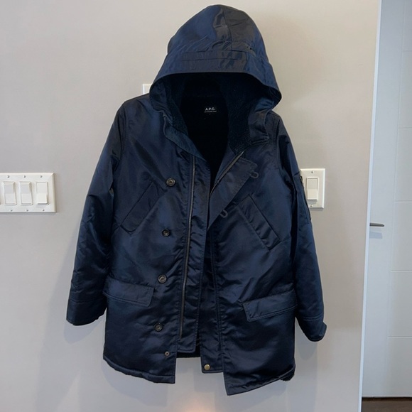 APC Sherpa Lined Satin Winter Parka Jacket Navy - Picture 1 of 10
